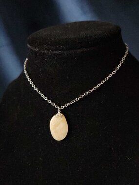 Silver and beige natural stone necklace with a small silver chain